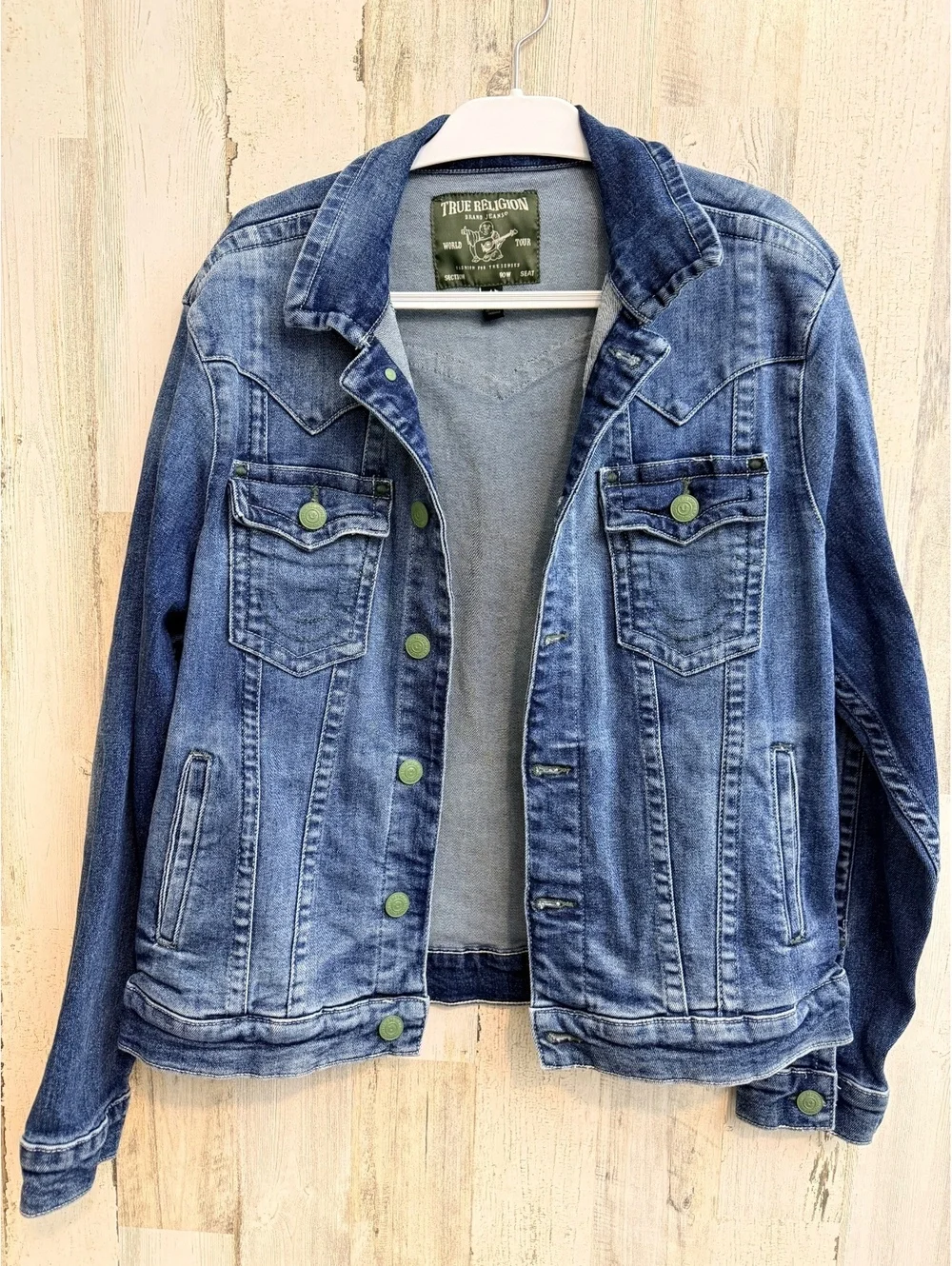 True Religion World Tour Denim Trucker Jacket Men’s L Green Hardware